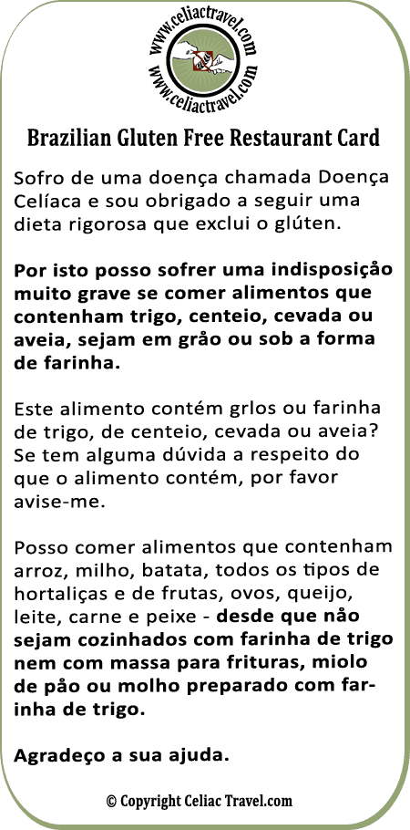 Brazilian Gluten Free Restaurant Card