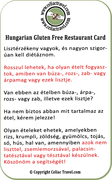 Hungarian Gluten Free Restaurant Card