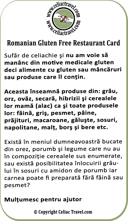 Romanian Gluten Free Restaurant Card