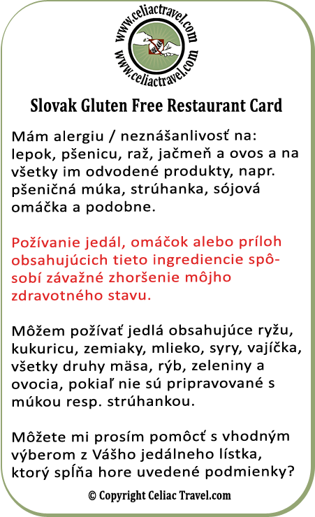Slovak Gluten Free Restaurant Card