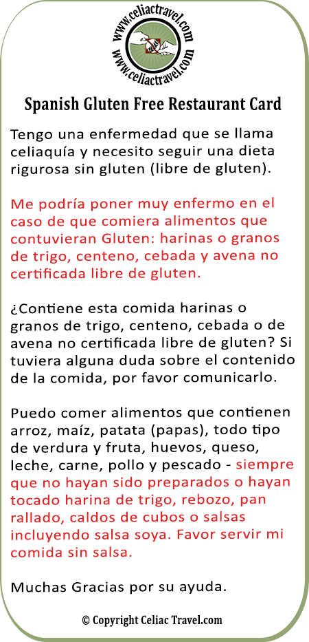 Spanish Gluten Free Restaurant Card
