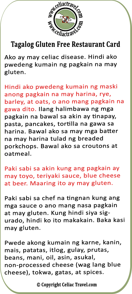 Tagalog (Filipino) Gluten Free Restaurant Card